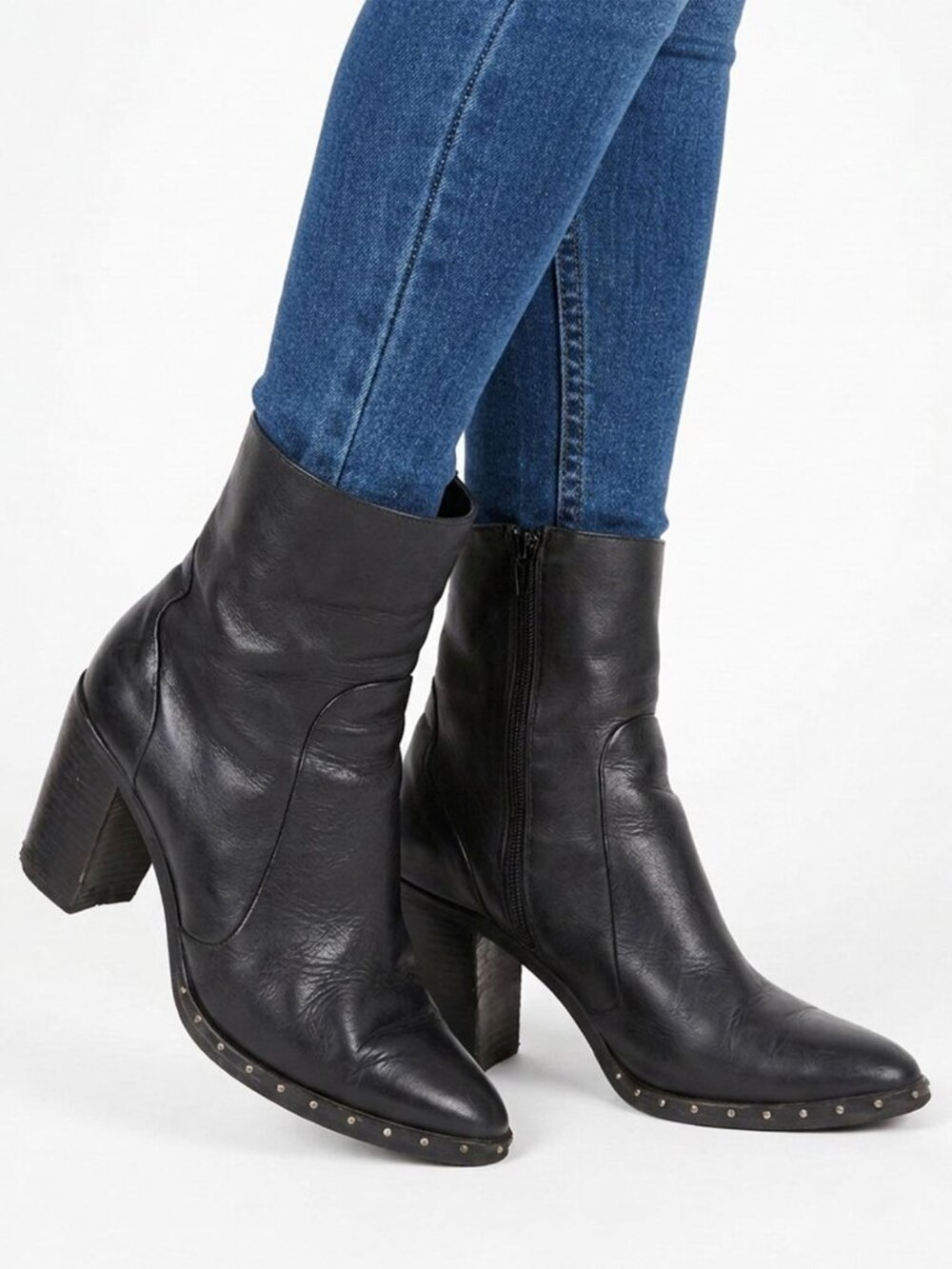 JONAK Paris Black Leather Studded Boots Block Heel Pointed Toe Booties